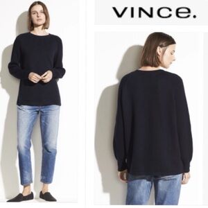 VINCE. Ribbed Raglan Sleeve Crew Neck 100% Cotton Sweater Pullover Navy Blue M